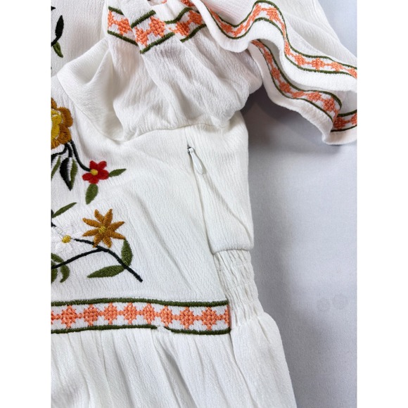 In Loom White Floral Embroidered Boho Cottagecore V-Neck Tiered Midi Dress Large - Picture 8 of 15